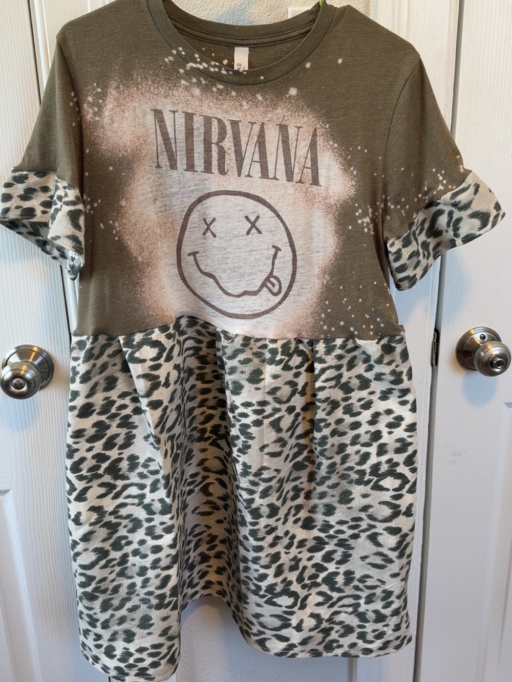 Nirvana Smiley Leopard Panel Tee Dress - Olive & Cream